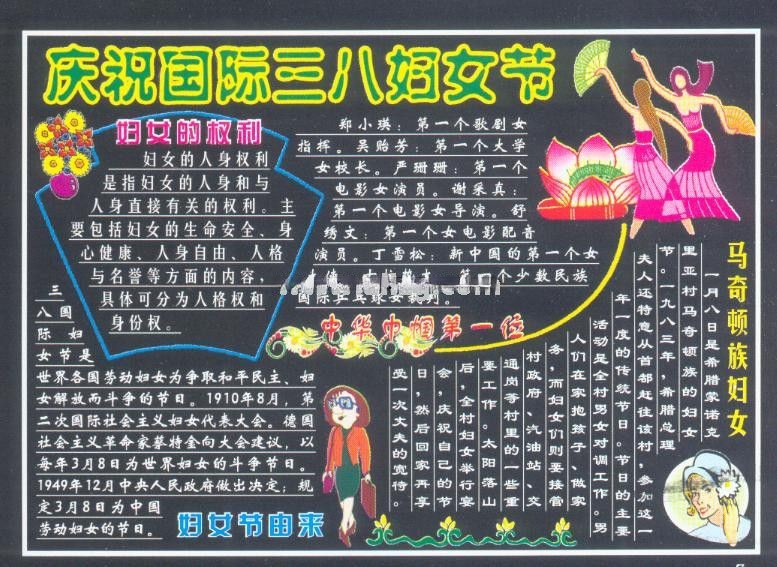 社区庆祝国际三八妇女节专题黑板报设计：妇女的权利/妇女节由来/中华巾帼第一...